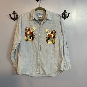 Buckles Chambray Long Sleeve Button Down Embroidered Holiday Top. Size M